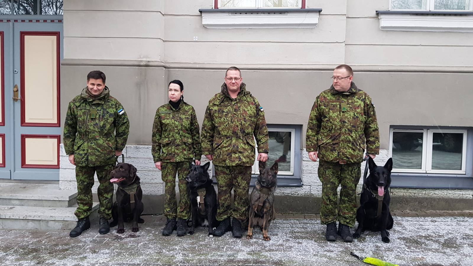 Jäljekoera koolituse läbinud vabatahtlikud ja nende neljajalgsed diplomite üleandmisel 13.12.2024.