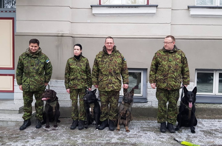 Jäljekoera koolituse läbinud vabatahtlikud ja nende neljajalgsed diplomite üleandmisel 13.12.2024.